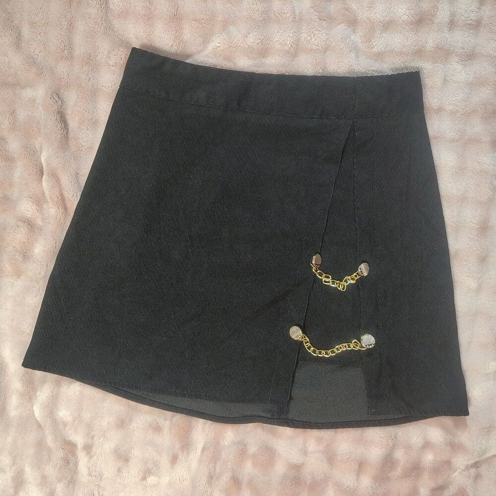 Black Corduroy Gold Chain Accent Slit Mini Skirt Back Zip Closure